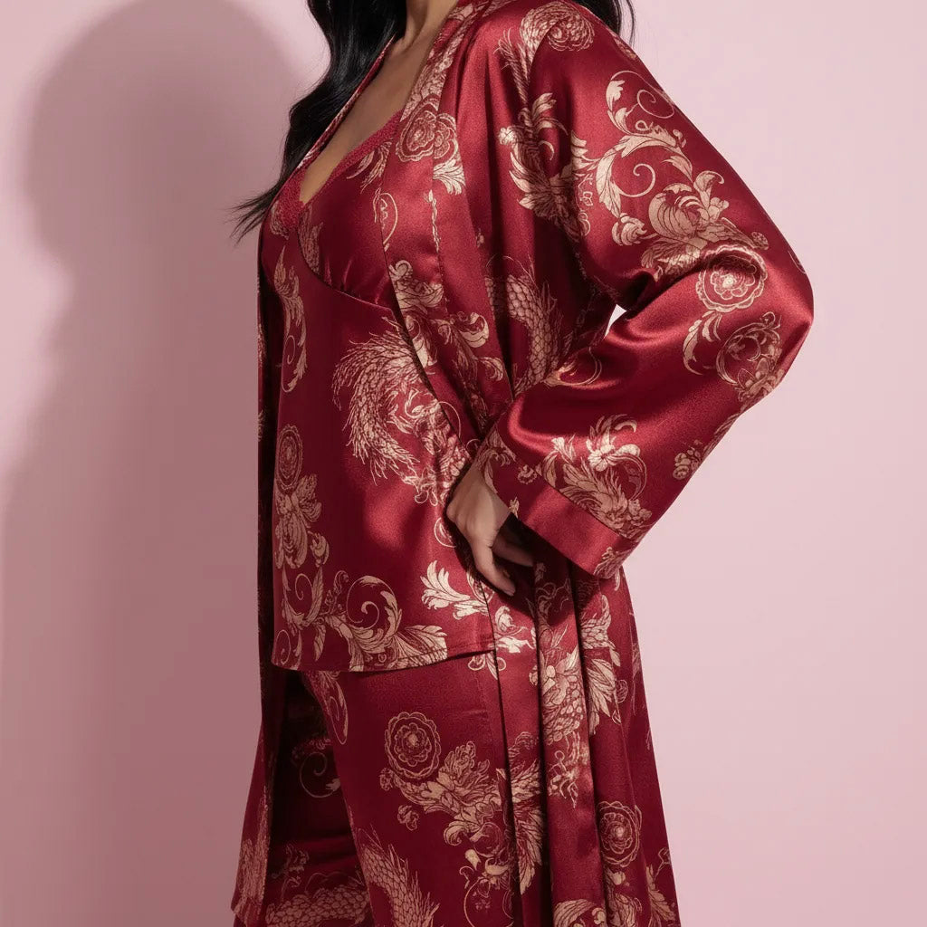 Anna-Kaci Lounge Women's 3-Piece Set Satin Baroque Print Pajama Cami with Matching Robe and Relaxed Straight-Leg Pants