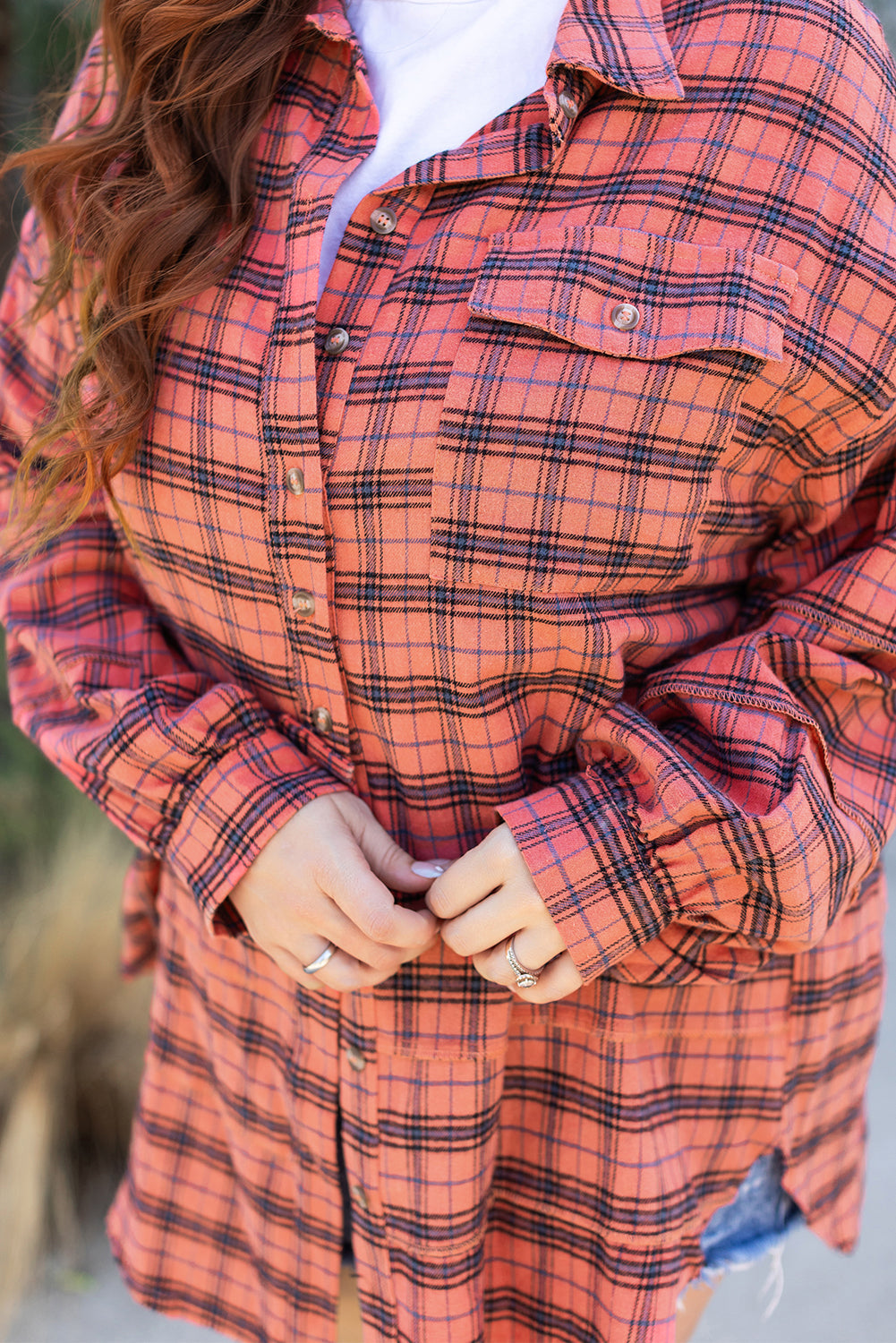 Threaded Pear Plaid Long Sleeve Side Split Distressed Shirt