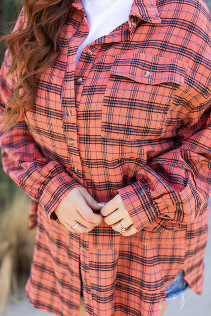 Threaded Pear Plaid Long Sleeve Side Split Distressed Shirt