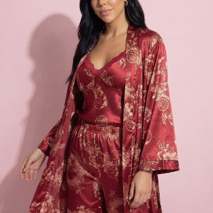 Anna-Kaci Lounge Women's 3-Piece Set Satin Baroque Print Pajama Cami with Matching Robe and Relaxed Straight-Leg Pants