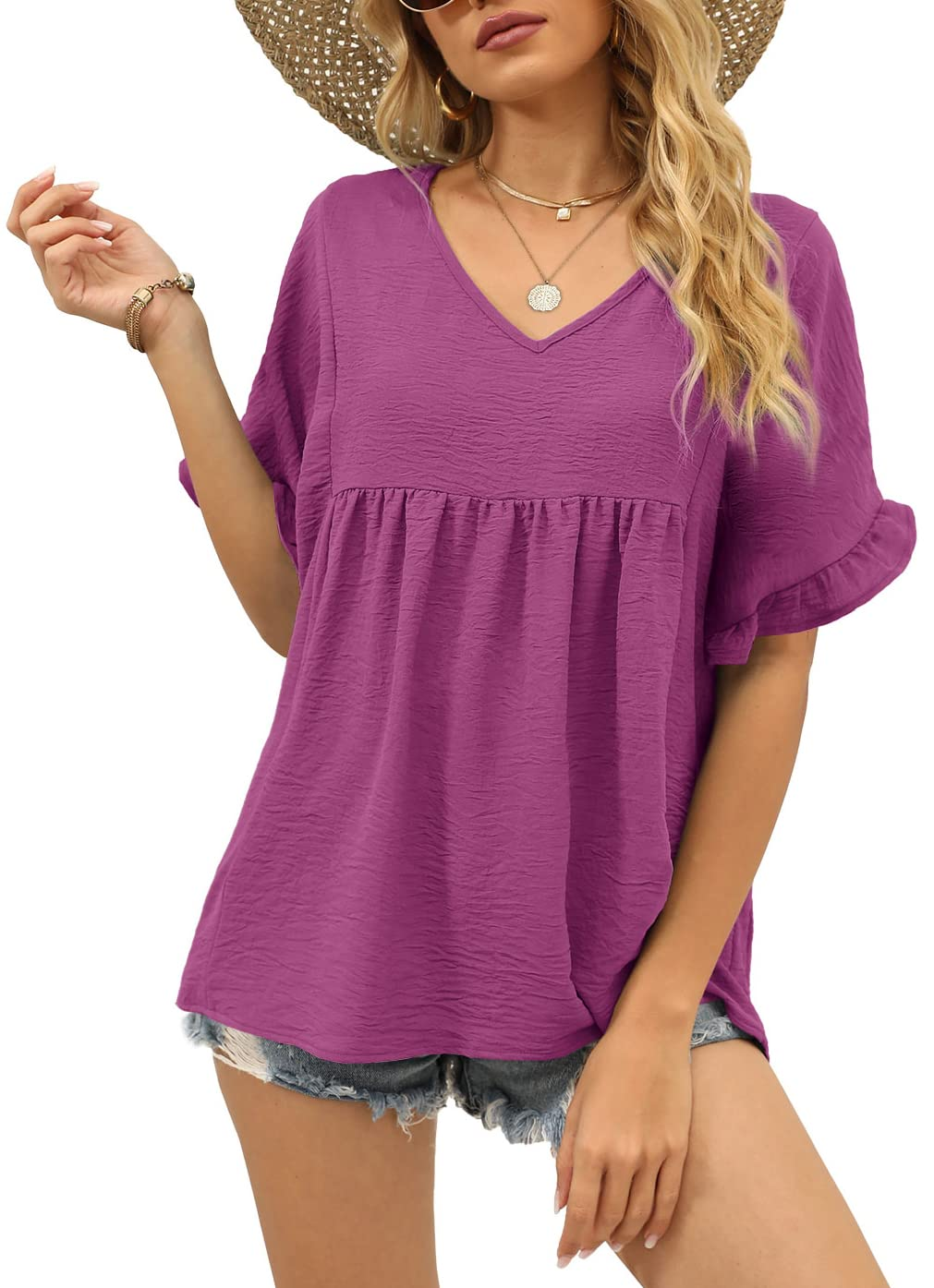 Womens Casual V Neck Ruffle Sleeve T Shirts Babydoll Loose Fit Peplum Tops