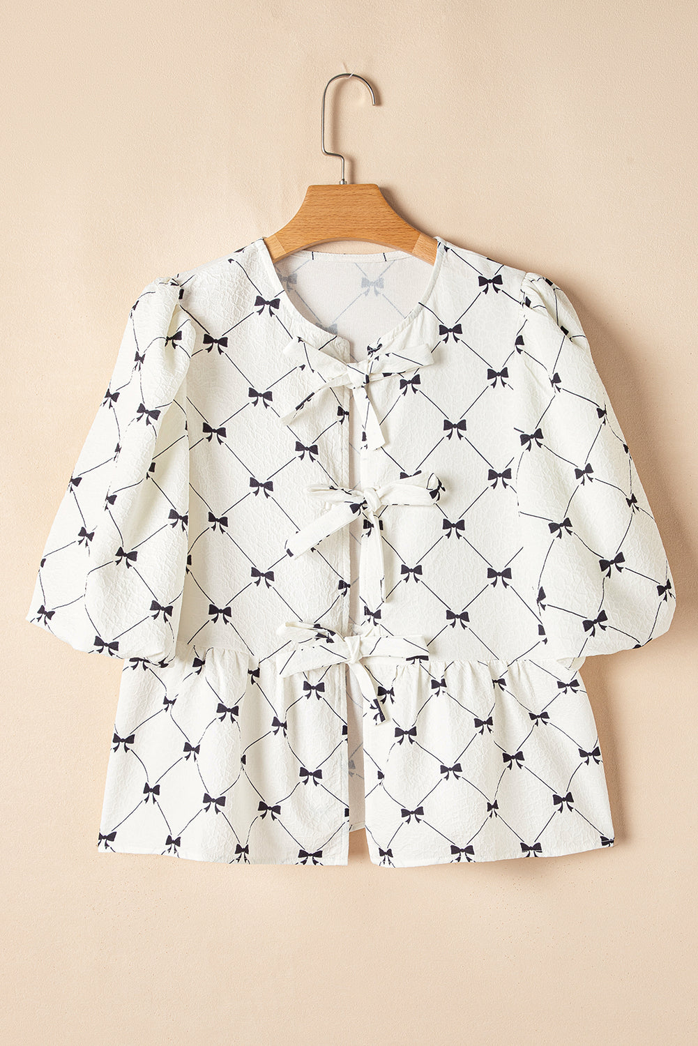 Threaded Pear Ezra Bowknot Print Front Knots Bubble Sleeve Blouse