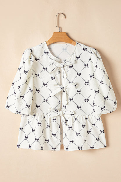 Threaded Pear Ezra Bowknot Print Front Knots Bubble Sleeve Blouse