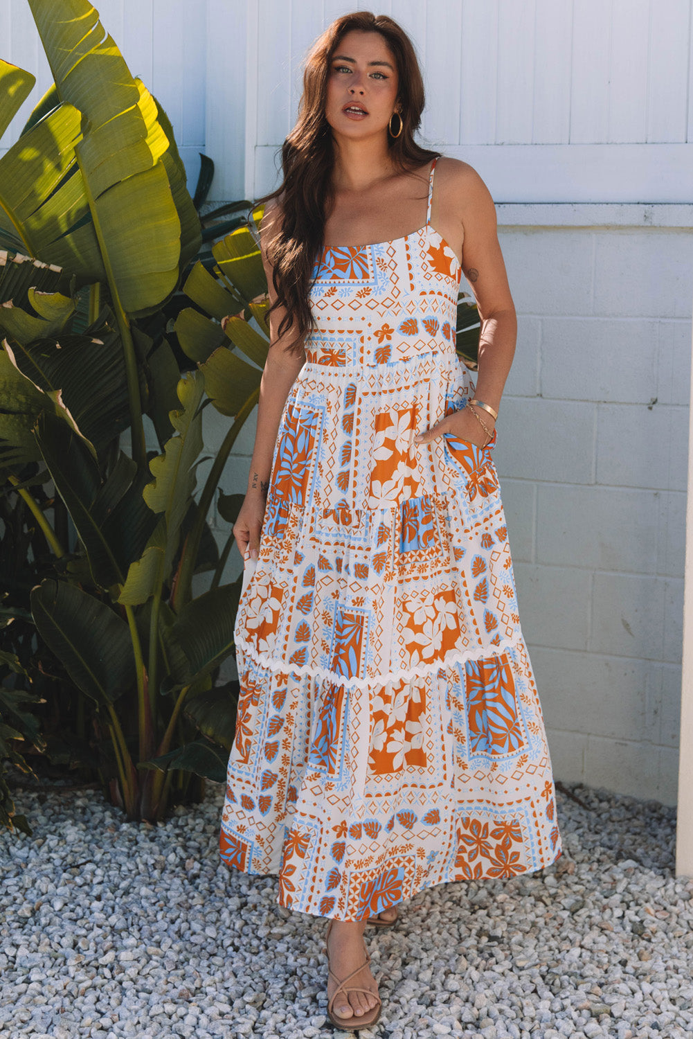 Threaded Pear Zora Ricrac Trim Spaghetti Straps Maxi Dress