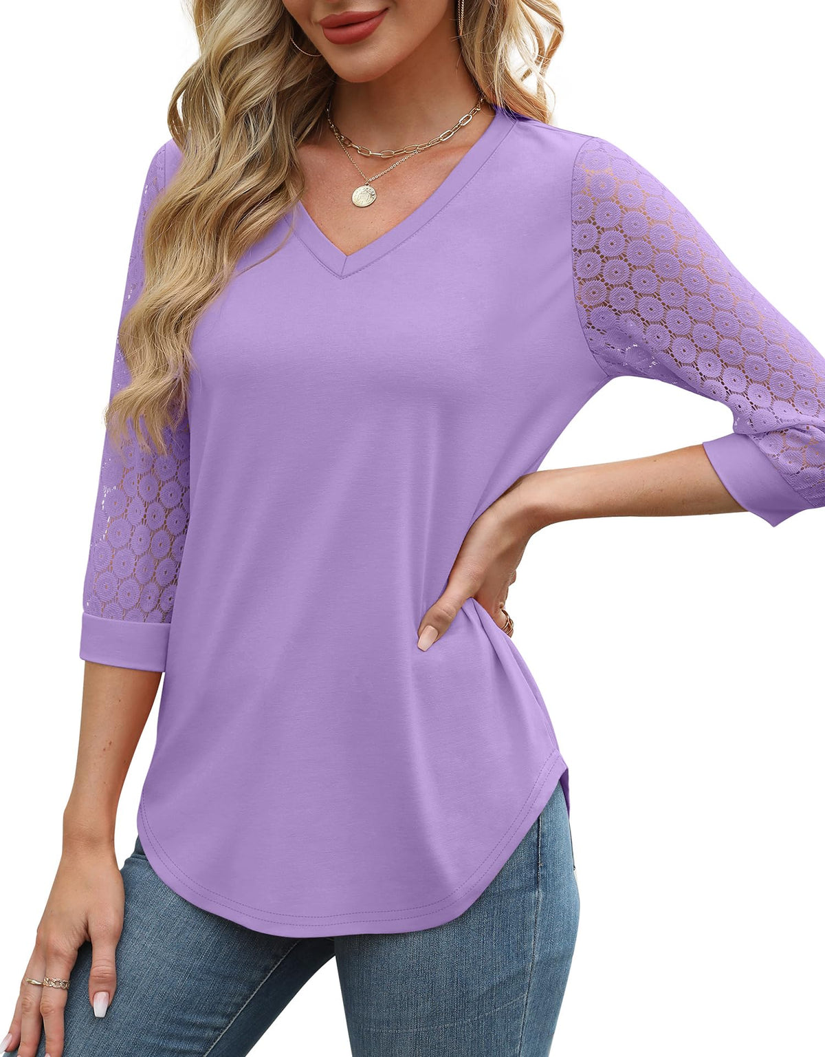Womens 3/4 Length Sleeve V-Neck Lace Tunic Tops Business Casual Blouses