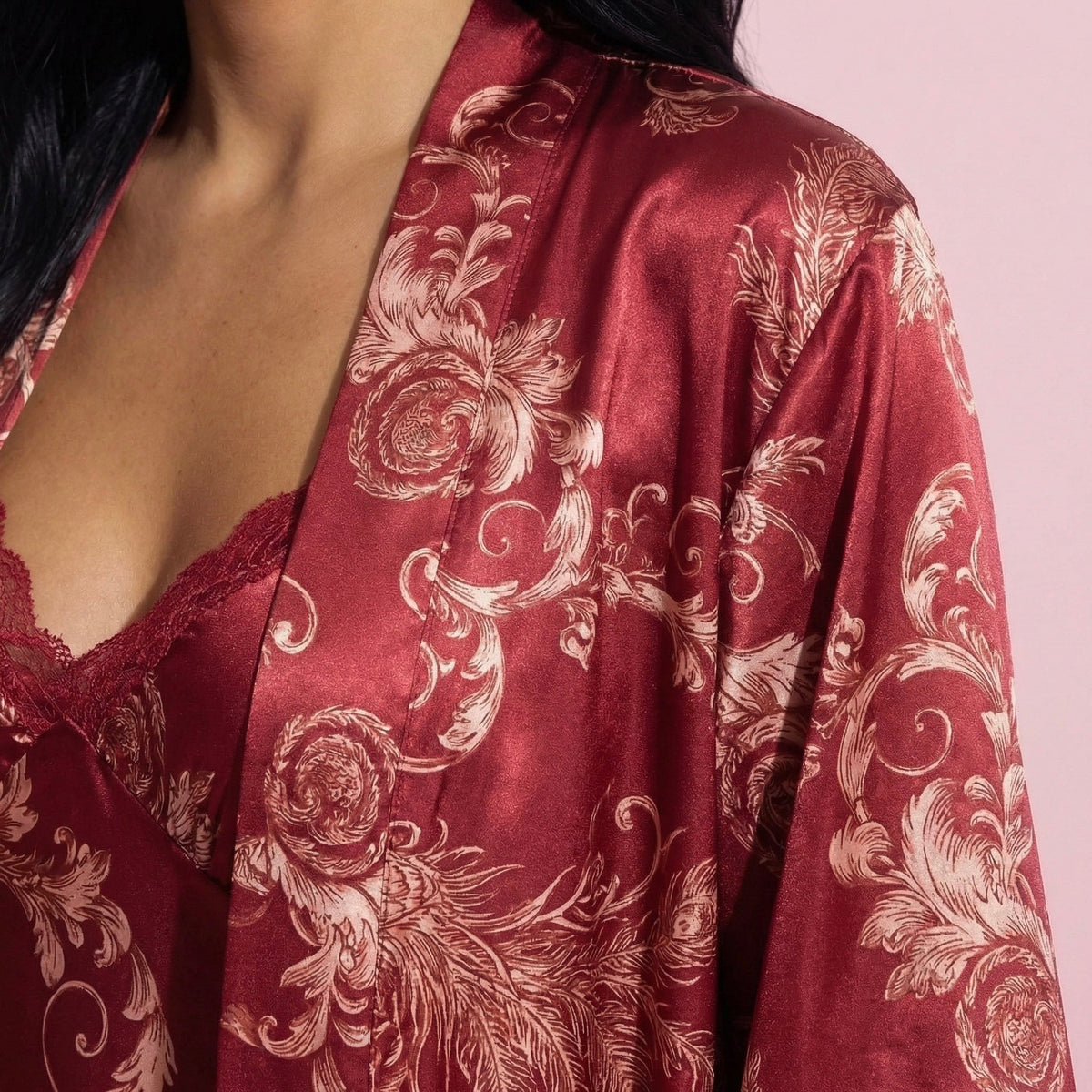 Anna-Kaci Lounge Women's 3-Piece Set Satin Baroque Print Pajama Cami with Matching Robe and Relaxed Straight-Leg Pants