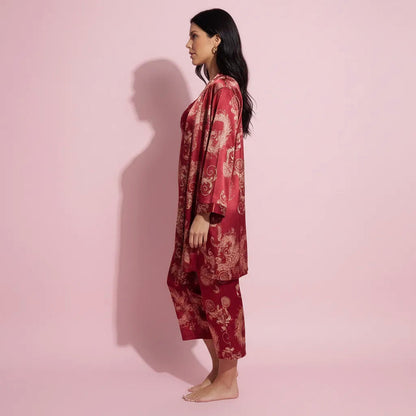Anna-Kaci Lounge Women's 3-Piece Set Satin Baroque Print Pajama Cami with Matching Robe and Relaxed Straight-Leg Pants