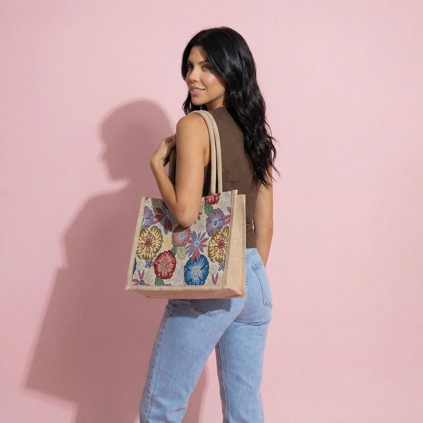 Anna-Kaci Women's Floral Sackcloth Tote Bag-Lightweight Handbag