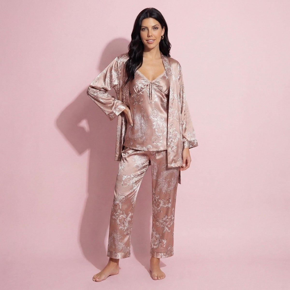 Anna-Kaci Lounge Women's 3-Piece Set Satin Baroque Print Pajama Cami with Matching Robe and Relaxed Straight-Leg Pants