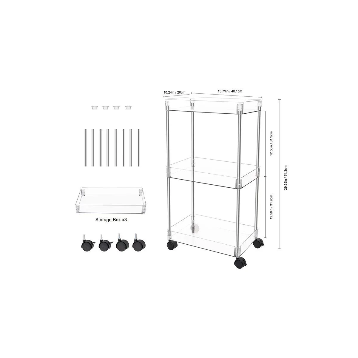 Chrome Clear Acrylic 3 Tier Cart