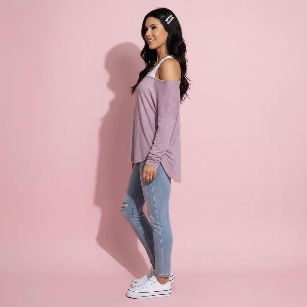 Anna-Kaci Active 2-Piece Women's Long Sleeve Sheer Pullover Top Set with Off Shoulder Neckline and Relaxed Fit