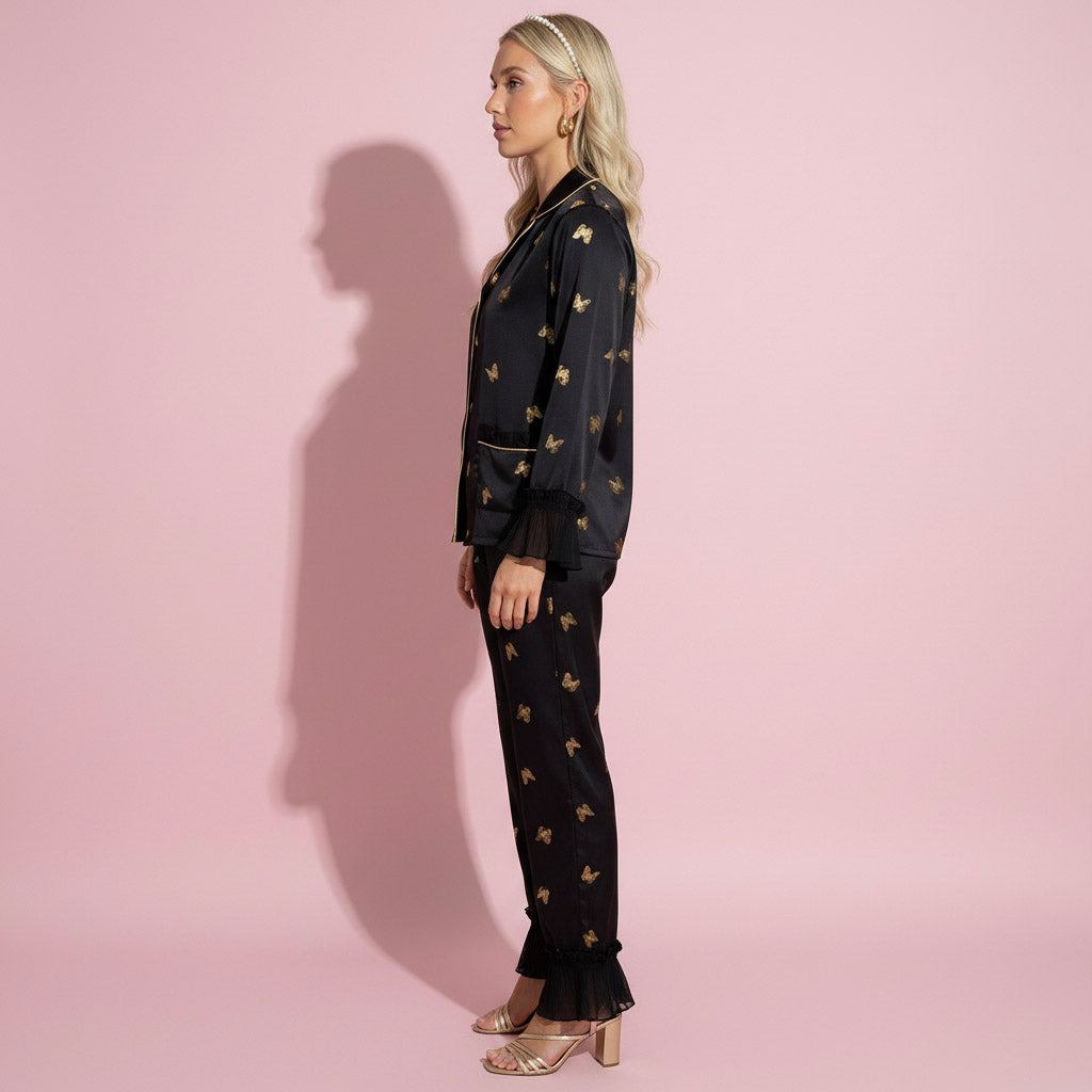 Anna-Kaci Lounge Women's 2-Piece Set Satin Pajama Top with Piping Detail and Ruffled Cuffs Paired with Matching Pants