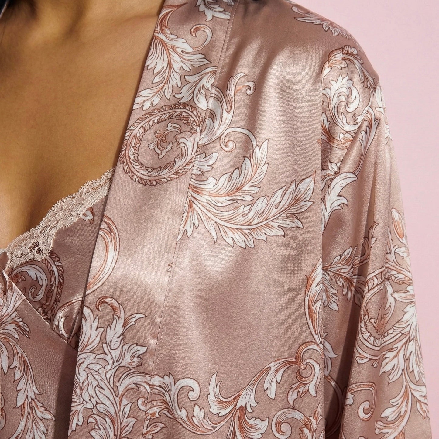 Anna-Kaci Lounge Women's 3-Piece Set Satin Baroque Print Pajama Cami with Matching Robe and Relaxed Straight-Leg Pants