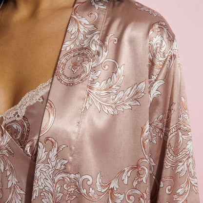 Anna-Kaci Lounge Women's 3-Piece Set Satin Baroque Print Pajama Cami with Matching Robe and Relaxed Straight-Leg Pants
