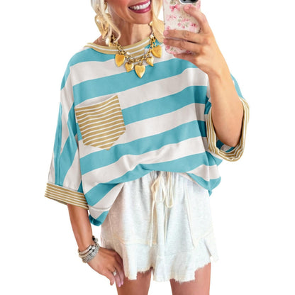 Women's T-shirts Striped Drop Shoulder Pocket T-shirt