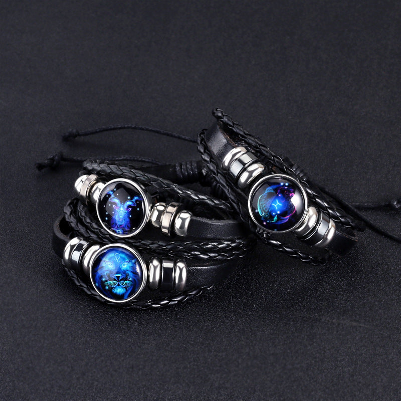 12 Zodiac Constellation Luminous Bracelet | Handmade Braided Leather Astrology Bracelet | Glow-in-the-Dark Birthday Gift for Men, Women & Kids
