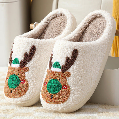 Christmas Elk Winter Home Slippers | Soft Cozy Reindeer Bedroom Shoes | Plush Slip-On House Slippers for Men & Women | Warm Holiday Indoor Footwear