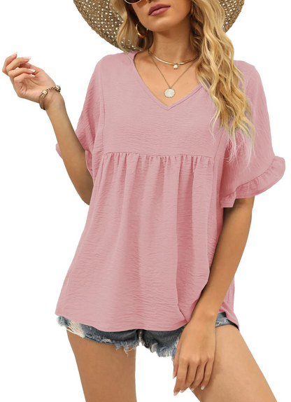 Womens Casual V Neck Ruffle Sleeve T Shirts Babydoll Loose Fit Peplum Tops