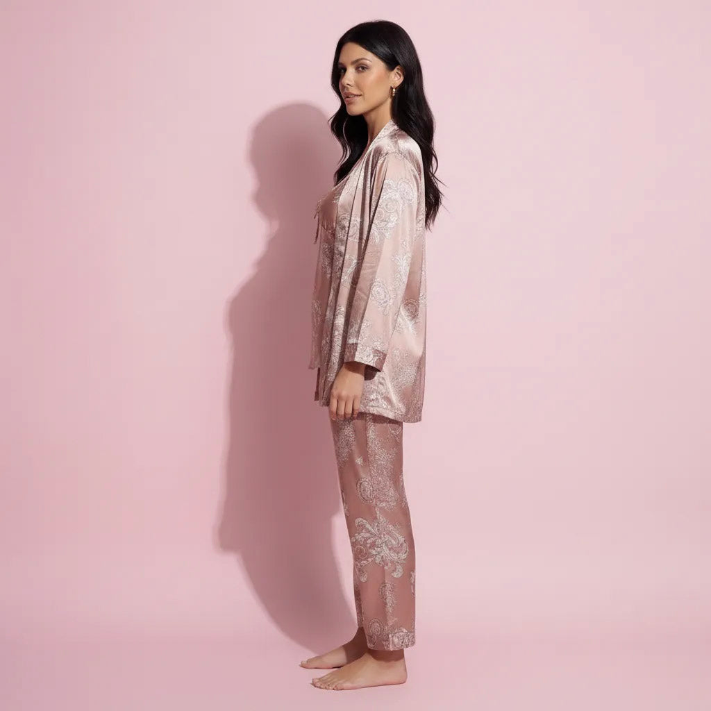 Anna-Kaci Lounge Women's 3-Piece Set Satin Baroque Print Pajama Cami with Matching Robe and Relaxed Straight-Leg Pants