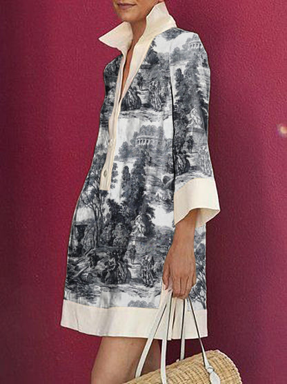 Women's Three-Quarter Sleeves Printed Lapel Shirt Dress