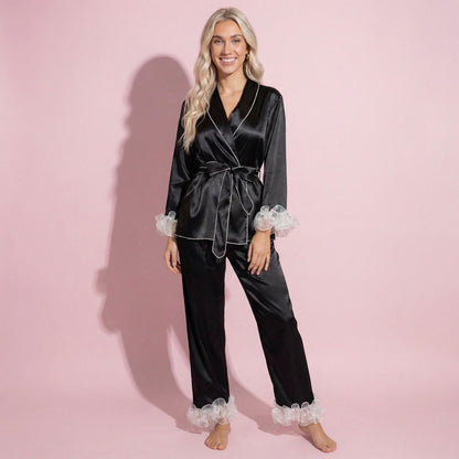 Anna-Kaci Women's 2-Piece Set Satin Wrap Top with Sheer Ruffle Trim and Matching Straight-Leg Pants