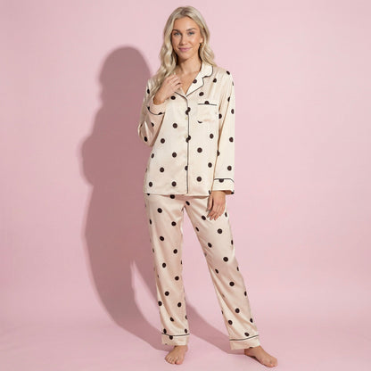 Anna-Kaci Lounge Women's 2-Piece Set Satin Polka Dot Pajama Top with Contrast Piping and Matching Straight-Leg Pants