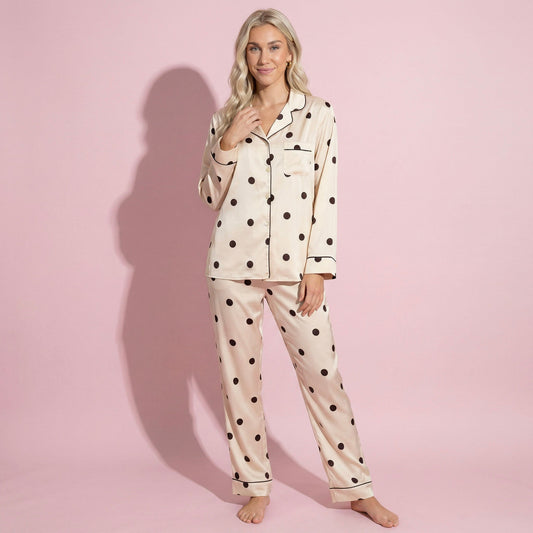 Anna-Kaci Lounge Women's 2-Piece Set Satin Polka Dot Pajama Top with Contrast Piping and Matching Straight-Leg Pants