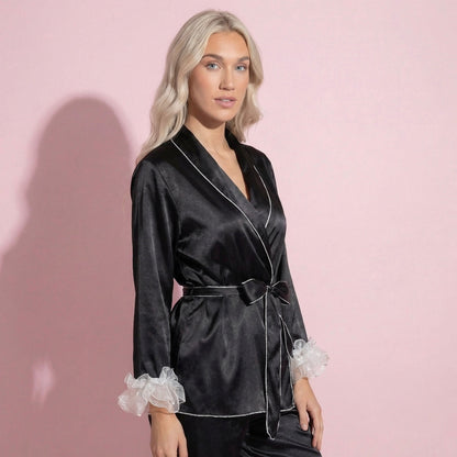 Anna-Kaci Women's 2-Piece Set Satin Wrap Top with Sheer Ruffle Trim and Matching Straight-Leg Pants