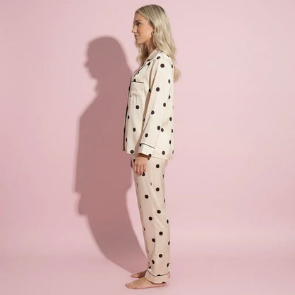 Anna-Kaci Lounge Women's 2-Piece Set Satin Polka Dot Pajama Top with Contrast Piping and Matching Straight-Leg Pants