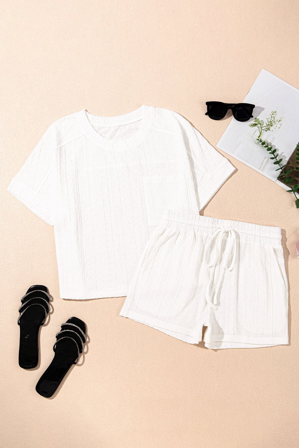 Threaded Pear Rylie Textured Patched Pocket Drawstring Shorts Set