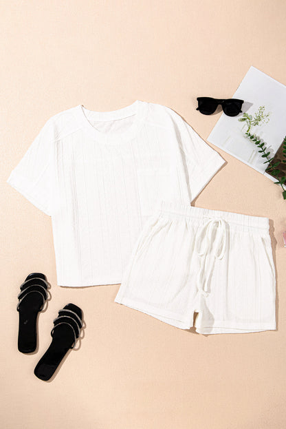 Threaded Pear Rylie Textured Patched Pocket Drawstring Shorts Set