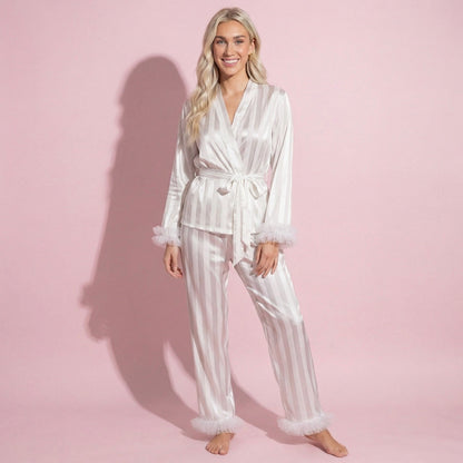 Anna-Kaci Women's 2-Piece Set Satin Wrap Top with Feather Trim Cuffs and Matching Straight-Leg Pants