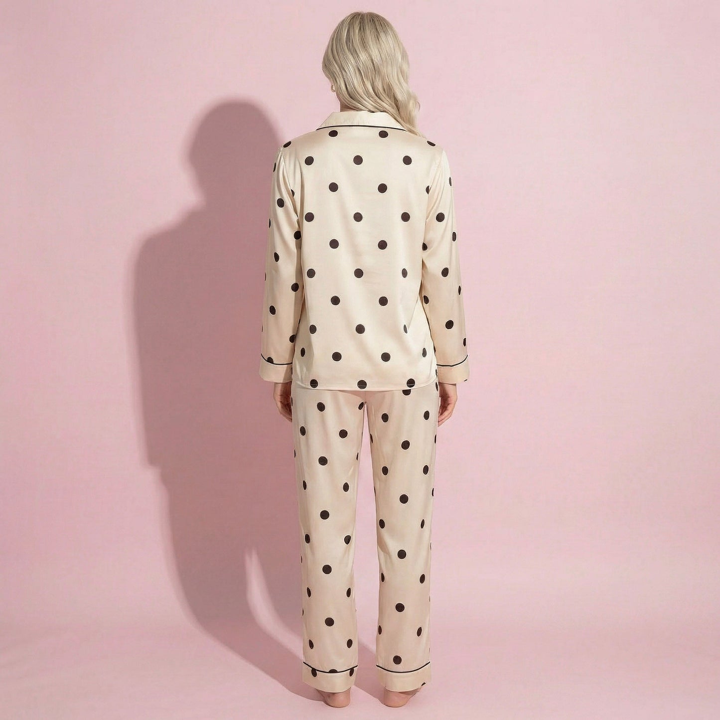 Anna-Kaci Lounge Women's 2-Piece Set Satin Polka Dot Pajama Top with Contrast Piping and Matching Straight-Leg Pants