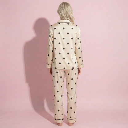 Anna-Kaci Lounge Women's 2-Piece Set Satin Polka Dot Pajama Top with Contrast Piping and Matching Straight-Leg Pants