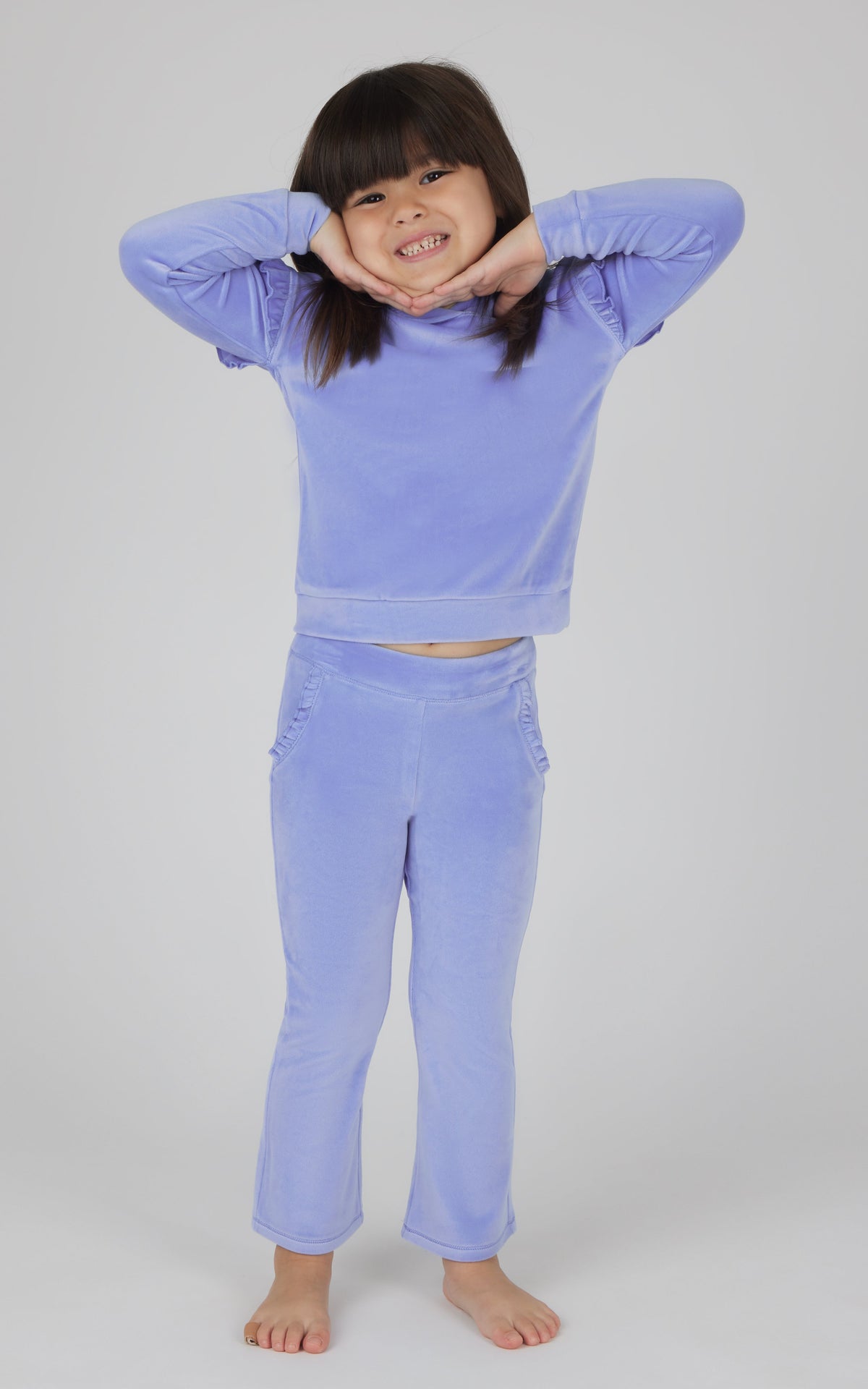90 Degree by Reflex Toddler Girls 2 PC Velour Ruffle Hoodie and Flare Leg Pant Set