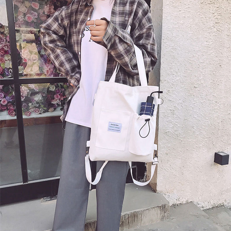 Harajuku Style Canvas Handbag for Students | Multi-Pocket Preppy Backpack & Shoulder Bag | Kawaii Schoolbag for Women | Large Capacity Versatile Tote for College & Travel