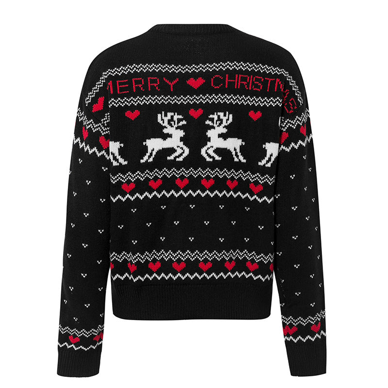 Cute Elk Heart Print Christmas Sweater | Women’s Fashion Heart Pattern Pullover | Festive Reindeer Knitted Winter Top | Sweet Holiday Aesthetic Jumper