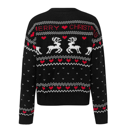 Cute Elk Heart Print Christmas Sweater | Women’s Fashion Heart Pattern Pullover | Festive Reindeer Knitted Winter Top | Sweet Holiday Aesthetic Jumper