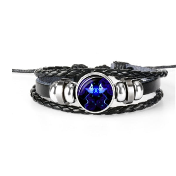 12 Zodiac Constellation Luminous Bracelet | Handmade Braided Leather Astrology Bracelet | Glow-in-the-Dark Birthday Gift for Men, Women & Kids