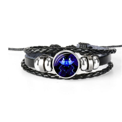 12 Zodiac Constellation Luminous Bracelet | Handmade Braided Leather Astrology Bracelet | Glow-in-the-Dark Birthday Gift for Men, Women & Kids