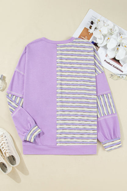 Threaded Pear Purple Stripe Patchwork Buttoned Drop Shoulder Plus Size Pullover