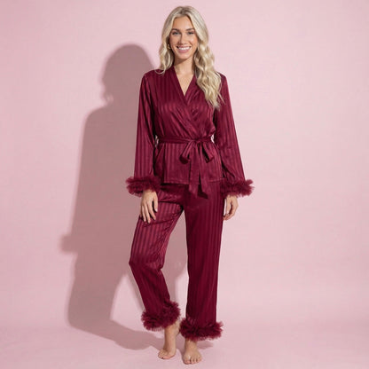 Anna-Kaci Women's 2-Piece Set Satin Wrap Top with Feather Trim Cuffs and Matching Straight-Leg Pants