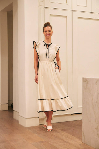 Annie- Cotton Gauze Midi Dress With Ruffles and Contrast Binding