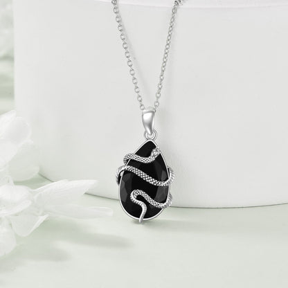 925 Sterling Silver Snake Necklace | Black Obsidian & Tourmaline Crystal Pendant | Gothic Serpent Jewelry for Men & Women | Protective Healing Stone Necklace | 2026 High-Fashion Mystical Gift Jewelry