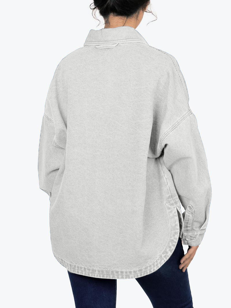 ✨Women's Solid Color Button Front Drop Shoulder Curved Hem Denim Jacket (Final Days: Big Savings!!!)