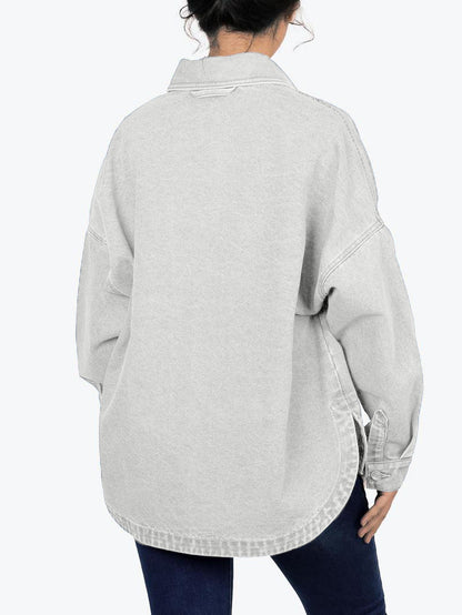 ✨Women's Solid Color Button Front Drop Shoulder Curved Hem Denim Jacket (Final Days: Big Savings!!!)