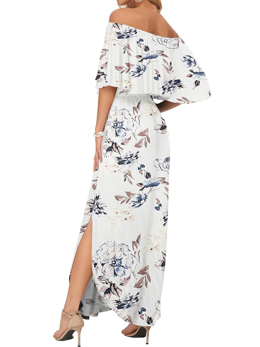 Women's Off Shoulder Floral Maxi Dress with Pockets & Slit