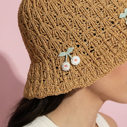 Anna-Kaci Women's Crochet Straw Sun Hat with Cherry Accents