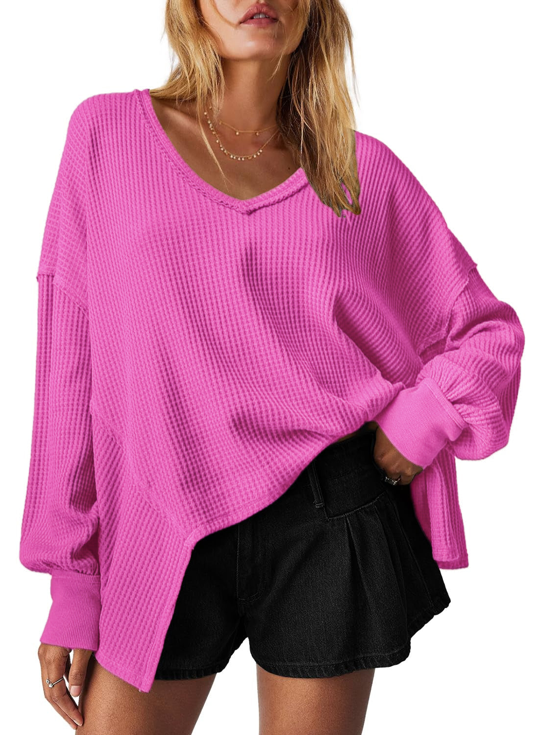 Women's Waffle Knit Oversized V Neck Batwing Long Sleeve Tops
