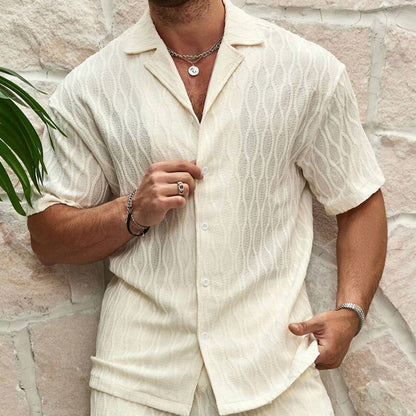 Men’s Summer Fashion Two-Piece Tracksuit | High-Sense Solid Loose Casual Lapel Shirt & Shorts | Trendy Minimalist Beach Holiday Outfit | Luxury-Label Statuesque Radiant Resort Wear | 2026 High-Fashion Emerald-Luxe Essential